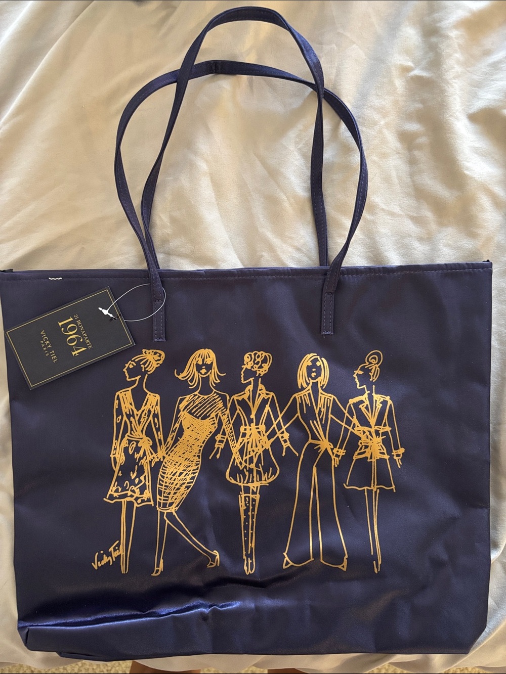 Vicky Tiel Paris 21 Bonaparte 1964 Navy Gold Fashion Sketch Tote NWT